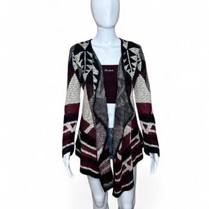 say what Burgundy and grey cardigan with asymmetrical design junior size L